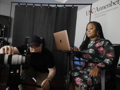 Dr. Richardson prepares to interview Atty. Merritt, while the Digital Repository’s Craig Stubing checks sound and lighting. (Photo by Steve Cohn © 2024).